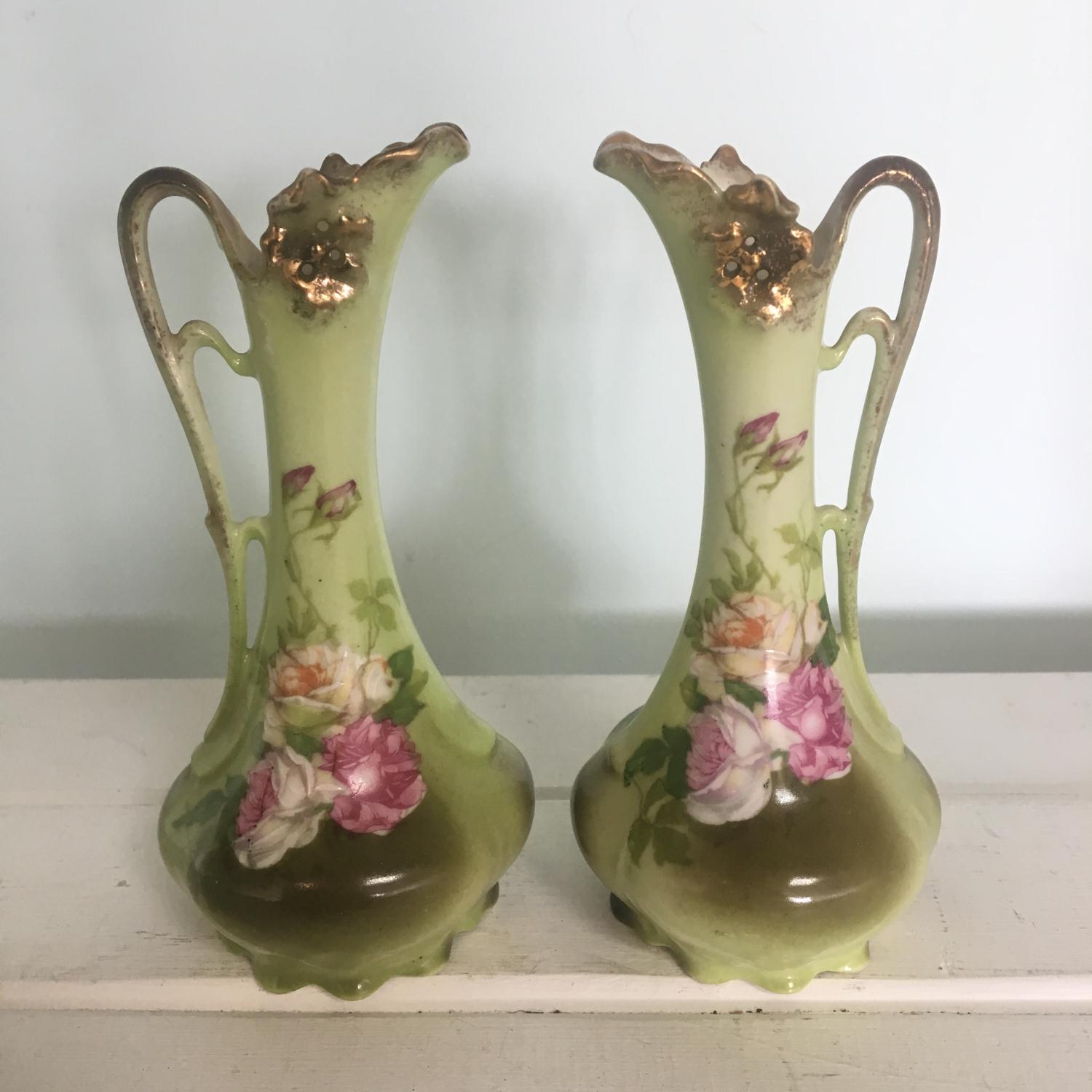 Pair porcelain jug vases, impressed numbers to base. Handpainted ...