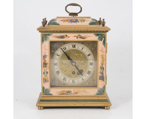 Modern bracket clock, Chioiserie decorated, brass face, silvered chapter ring, Empire non-striking movement, 25cm.