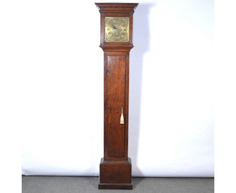 Oak longcase clock, square brass dial signed William Preston, Eydon, cast cherub and coronet spandrels, thirty-hour movement,