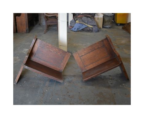 Three single seat bench ends, rectangular panel to the back, boarded seat, width 78cm, depth 45cm, height 89cm. Removed from 