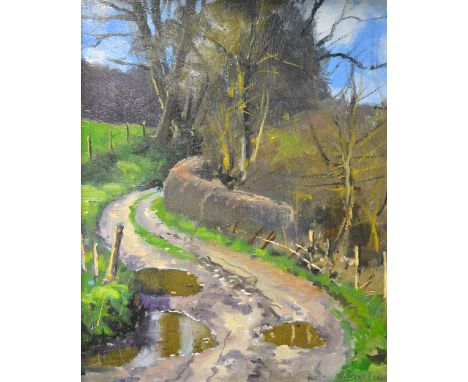 R Basil, A Country Lane, signed, oil on board, 24x18cm; another by the same hand, cottage in the country; and another, probab