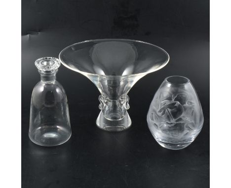 A Daum decanter, signed Daum France, 17.5cm; a Steuben Studio Glass vase, flared form, 16.5cm; and a glass vase with frosted 