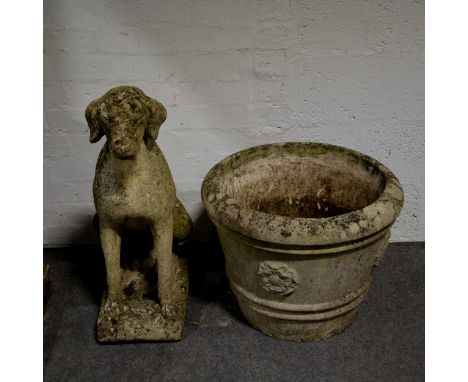 Cast concrete model of a Hound, 77cm; and a concrete planter with rose bosses, height 56cm.