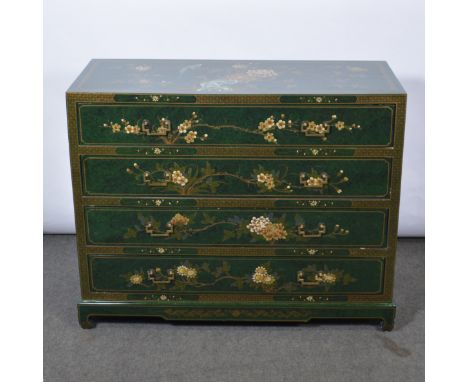 Contemporary malachite effect Chinoiserie decorated chest of drawers, fitted with four drawers, bracket feet, width 102cm, he