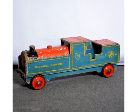 Bluebell Express pull-a-long, wooden construction, blue and red body, 79cm; Tri-ang push chair, and a 1960s accordion, boxed.
