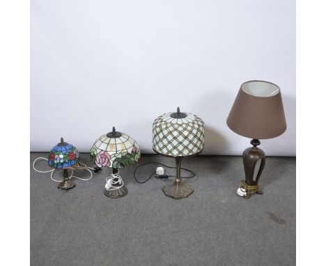 Tiffany style reproduction table lamp, floral pattern shade, 45cm; two others; and a Chinese bronzed table lamp.