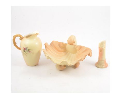 Three items of Worcester blush ivory ware including jug painted with pink thistle heads, monogrammed indistinctly, 19cm, a Lo