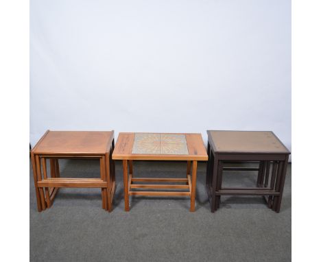 Nest of three teak coffee tables, G-Plan, 54cm x 41cm and smaller; nest of three Japanese inspired coffee tables; and a tile 