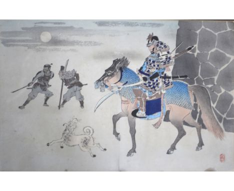 Three Japanese woodblock coloured prints, Samurai on horseback, Hunting a boar, In pursuit, Signed woodblocks, 21x32cm.