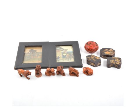 Six Japanese netsuke, all signed; a circular red lacquer lidded pot; three dark burgundy lacquer lidded boxes; and two pictur