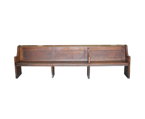 Oak bench, three rectangular panels and shelf to the back, boarded seat, standard ends, length 318cm, depth approximately 68c