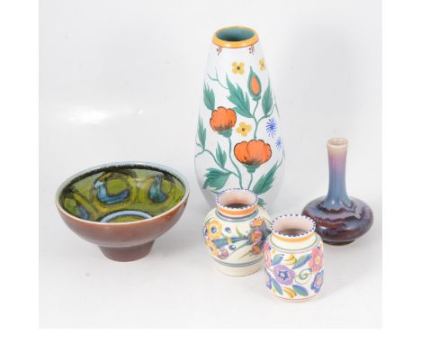 A Poole Pottery charger, floral and bird decoration, 31.5cm; four vases of similar design; a Delphis pedestal bowl, green and