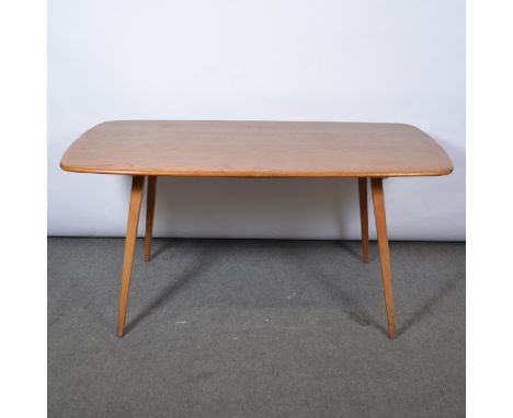 Ercol, light elm dining table, 152x76cm, height 72cm; four Ercol elm and beech high-back kitchen chairs, 97cm.