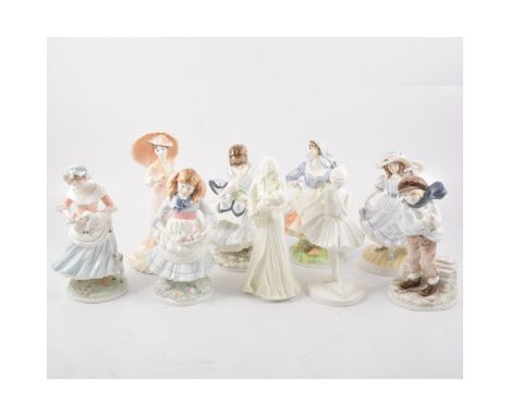 Collection of Coalport figurines, together with two Worcester figurines; and two Schmid Disney figures, Mickey Mouse and Minn