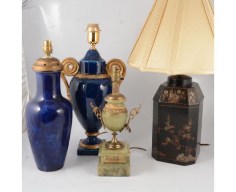 Chinese moonlit blue vase, serving as a lamp base, complete with shade, 81cm; and another urn-shape lamp base, and two others