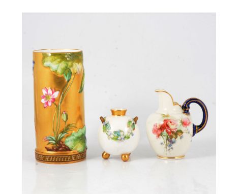 Coalport gold ground spill vase, decorated with butterflies and flowers 18.5cm; a Royal Worcester ewer; and a posy vase.