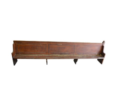 Oak bench, three rectangular panels to the back, boarded seat, standard ends, length 456cm, depth 45cm, height 123cm with fin