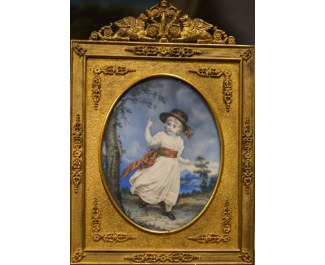 After Thomas Gainsborough, Child in landscape, portrait miniature, erroneously signed and dated 1794, in French Empire style 