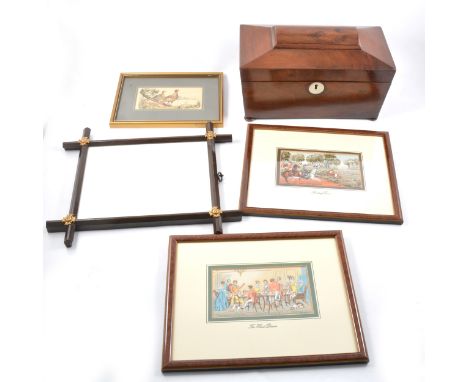 A Victorian mahogany sarcophagus tea caddy, two lidded compartments, mixing bowl in between; two silk embroideries of hunting
