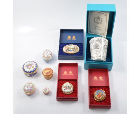 A Bilston &amp; Battersea Enamels Silver Jubilee Beaker, Cert of Authenticity, boxed; Halcyon Days 1982 and 1989 Christmas Bo