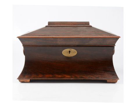 Victorian rosewood sarcophagus-shape box, adapted from a tea caddy, 34cm; and a mahogany mantel clock and a butlers tray.