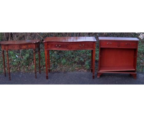 Two reproduction mahogany side tables and an open book shelf,