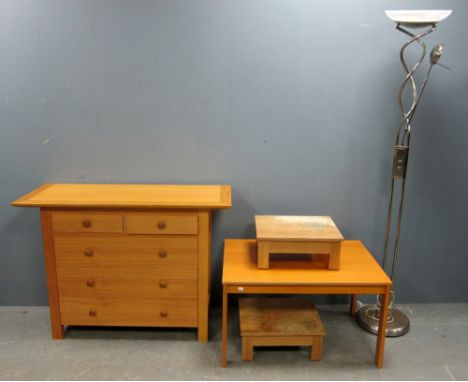 Modern light oak chest of drawers, three occasional tables and a modern floor standing lamp,