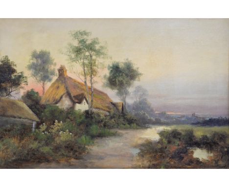 J M Ducker (active 1910 -1930) landscape with a cottage signed oil on canvas 39cm x 60cm 