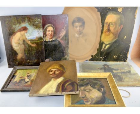 19th century portrait of a women oil on board and six other portraits 