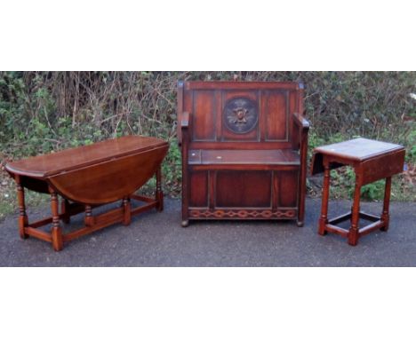Two drop leaf tables and a monks bench,