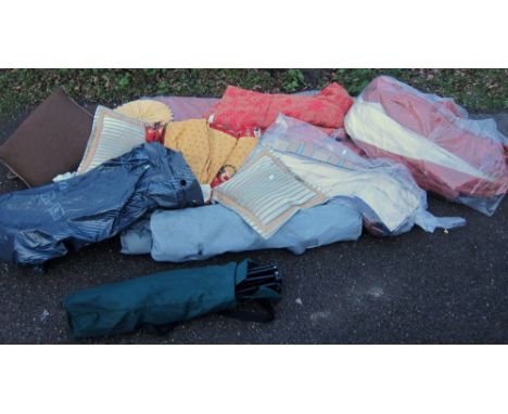 Various curtains and cushions, and two folding chairs,