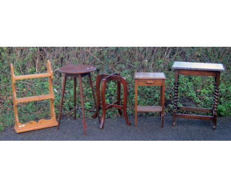 Early 20th century mahogany lamp table, oak table, pine wall shelf, two tiered table and another table,Provenance; Consigned 