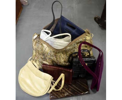 Collection of vintage and other handbags to include Lulu Guinness velvet bag and a Shilton holdall