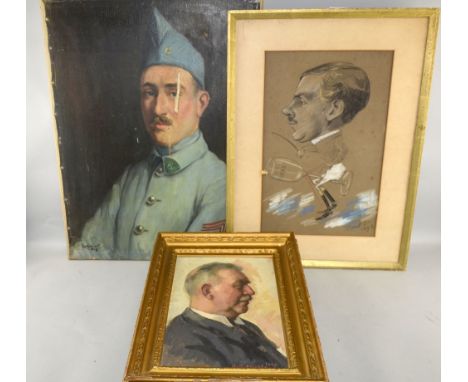 R T Mumford portrait of a man signed oil on board, portrait of man in uniform  oil on canvas, and comical pastel drawing of a