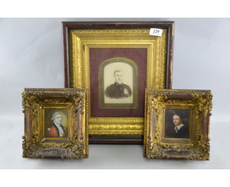 19th century portrait of an officer in red jacket , another of  a boy in black coat and a photograph of a soldier 