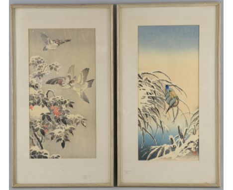 Tsuchiya Koitsu (1870-1949), Japanese woodblock print depicting three sparrows, 48cm x 27cm and Taki Katei (1830-1901), Japan