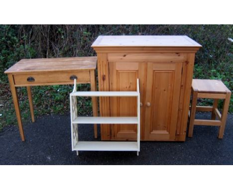 Pine cupboard, side table, light oak stool and a painted open wall shelf,