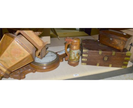Rosewood and brass bound writing box, rosewood tea caddy, Chinese marriage basket and an oak cased barometer,Provenance; Cons
