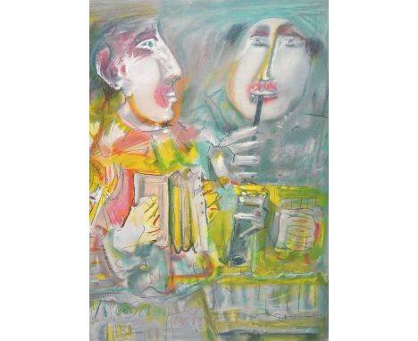 Limited edition abstract print of two musicians, 24/25, indistinctly signed