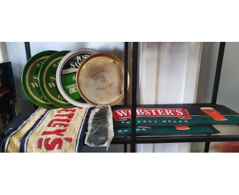 A collection of Websters and other breweriana, including branded glasses, mats, trays, towels and pump-badges along with some