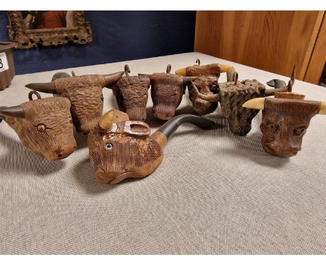 Collection (8) of Vintage Meerschaum-Style Carved Animal Bull Face Estate Smoking Pipes 