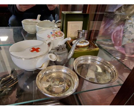 Pair of Vintage Shaving Cups inc Red Cross/Medic Pot, Ephemera, Pipe Lighter + a Pair of Hallmaked Silver Dishes