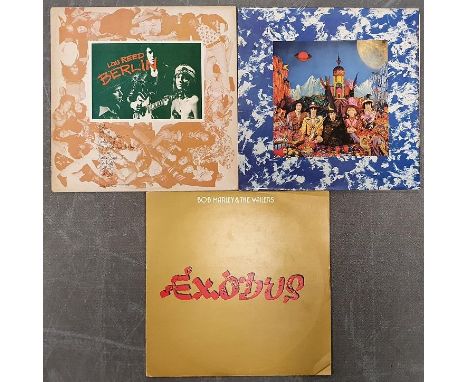 A set of 3 classic Vinyl LP Record albums, comprising Rolling Stones Their Satanic Majesty’s Request, Bob Marley Exodus and L