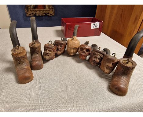 Collection (9) of Vintage Carved Estate Smoking Pipes inc Boots &amp; Meerschaum-Style Carved Faces