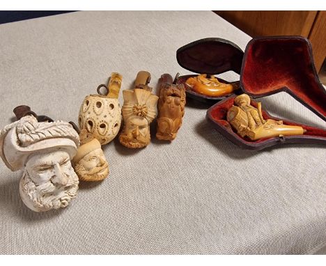 Collection (7) of Vintage Meerschaum-Style Carved Estate Smoking Pipes and Cheroot Holders