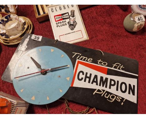 Vintage Automobiia Champion Spark Plus Garage Clock and Business Hours Advertising Sign