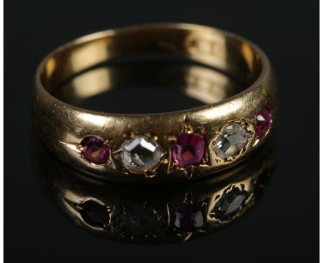 A Victorian 18ct gold Ruby &amp; Diamond five stone ring. Size I. 2.42g.  