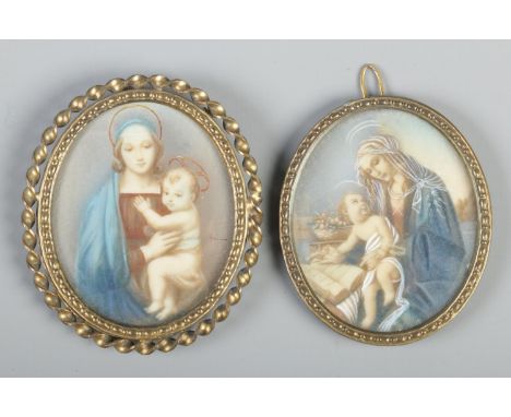 Two oval gilt framed portrait miniatures, both depicting Madonna and child. 6.5cm x 5cm.  