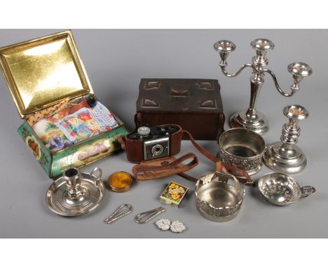 A quantity of collectables. Includes silver plated items, Agfa camera, folding button hooks etc.  