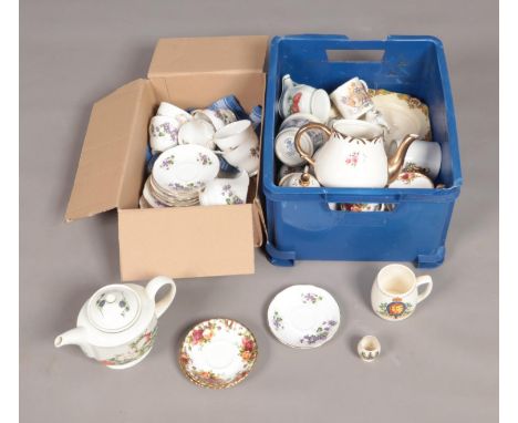 A box of assorted ceramics to include Duchess Violet tea set, Royal Albert, Spode Plate etc.  